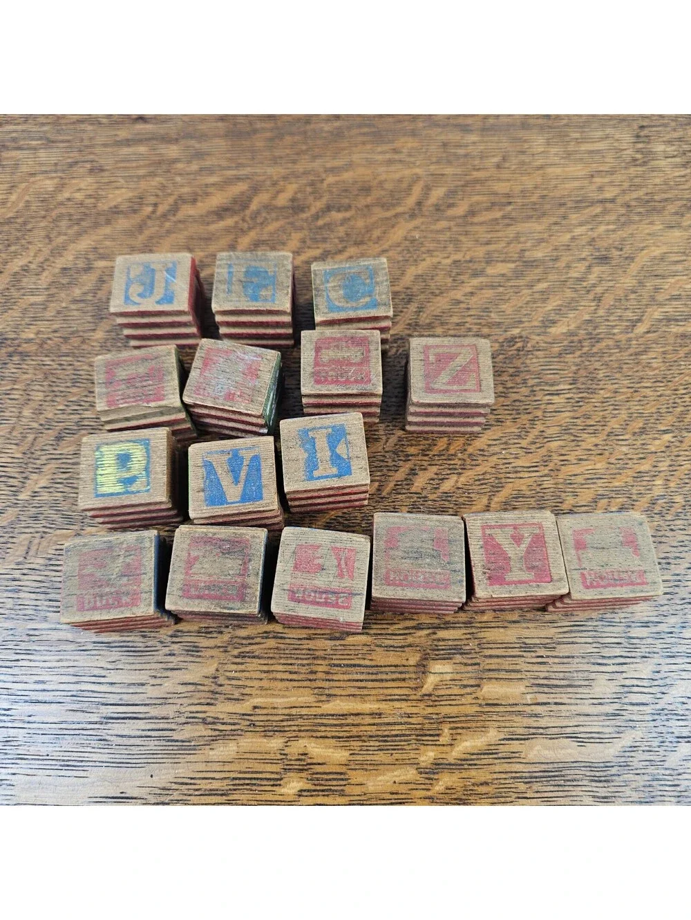 Vintage Interlocking Wooden Alphabet Blocks Lot 16 ABC Picture Toy Raised Stripe